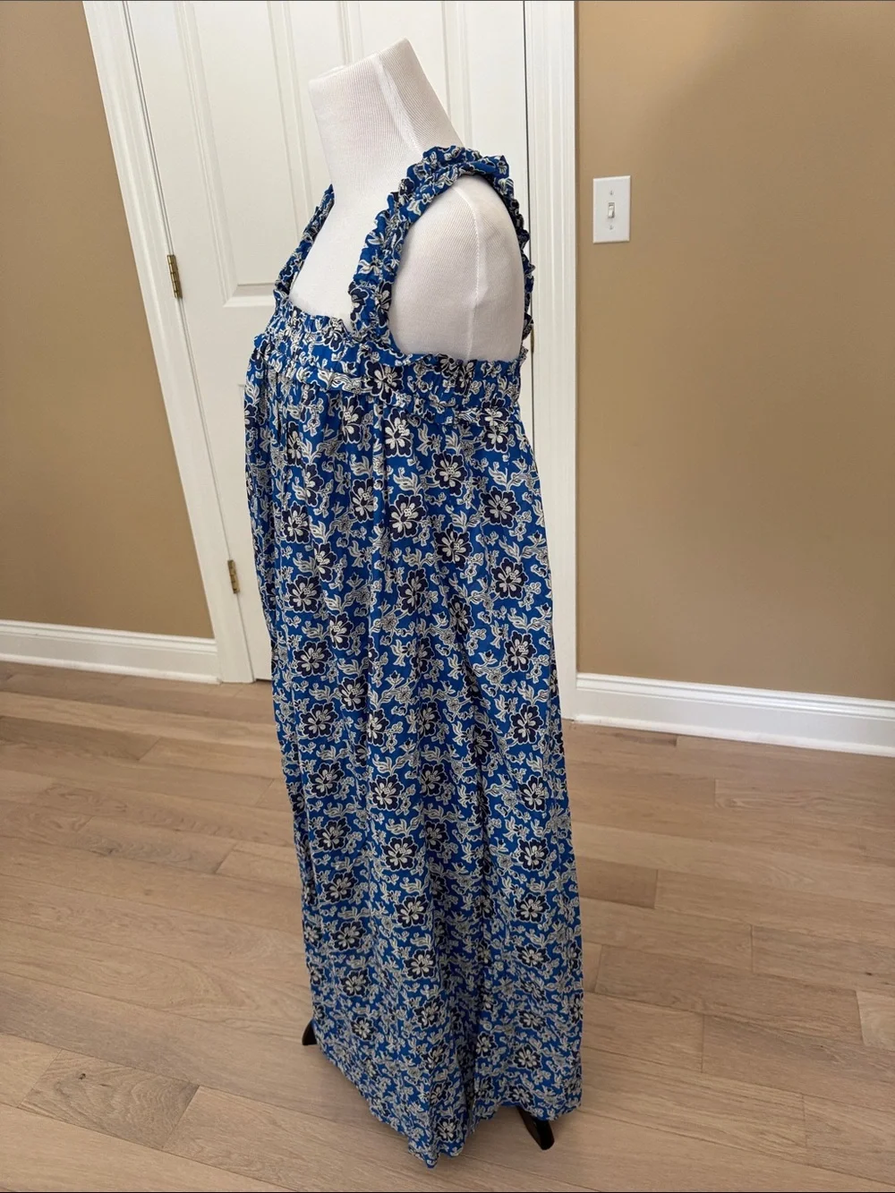 J. Crew Blue and White Floral Ruffle Strap Maxi Dress